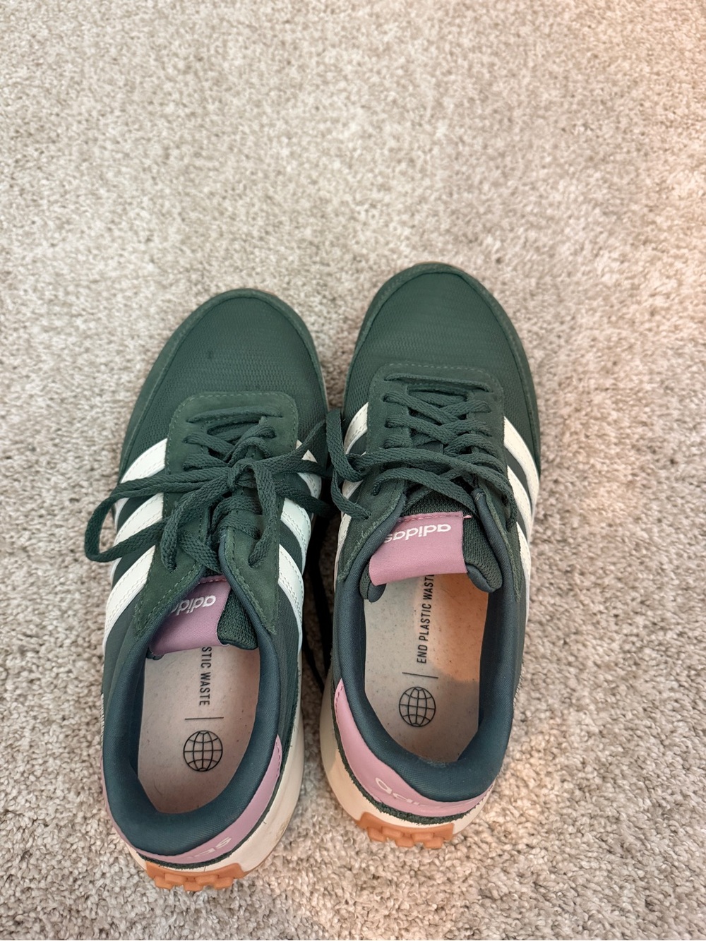 adidas Women's Dark Green Sneakers with White Stripes and Pink Accents